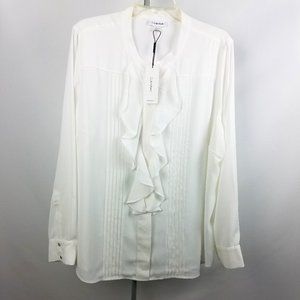 Calvin Klein White Ruffle Front Blouse 2X NWT